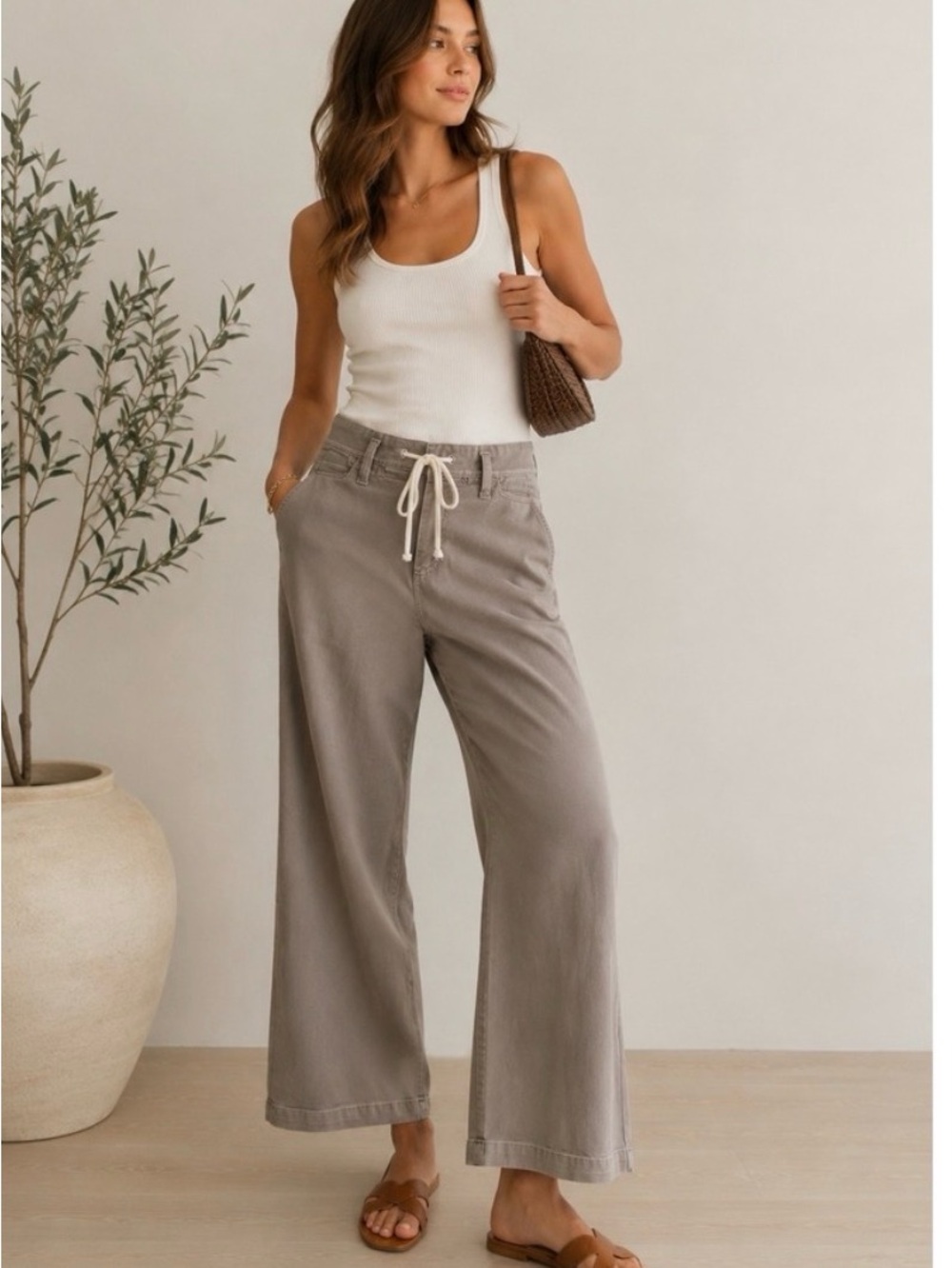 PAIGE Wide Leg Drawstring Pants in Taupe